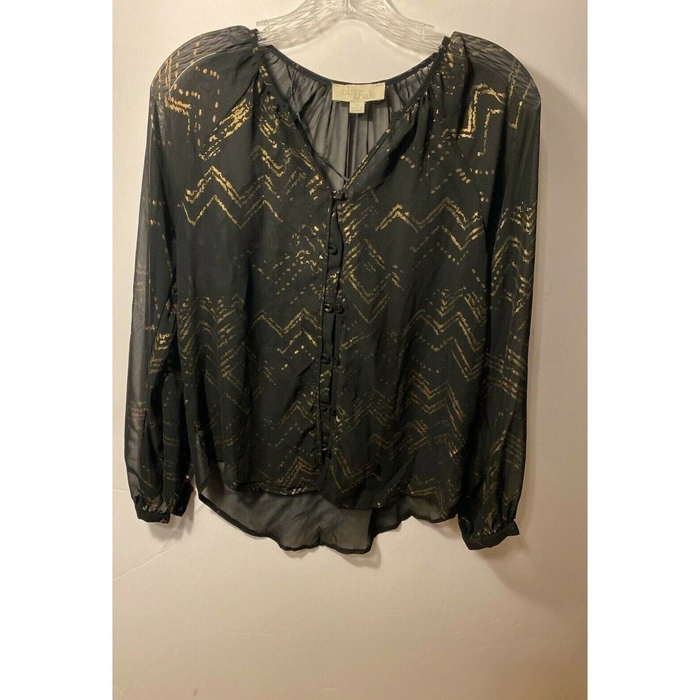 Olive & Oak Button Up Blouse Sheer Long Sleeves XS Black Brown Metallic Pattern - Picture 1 of 7